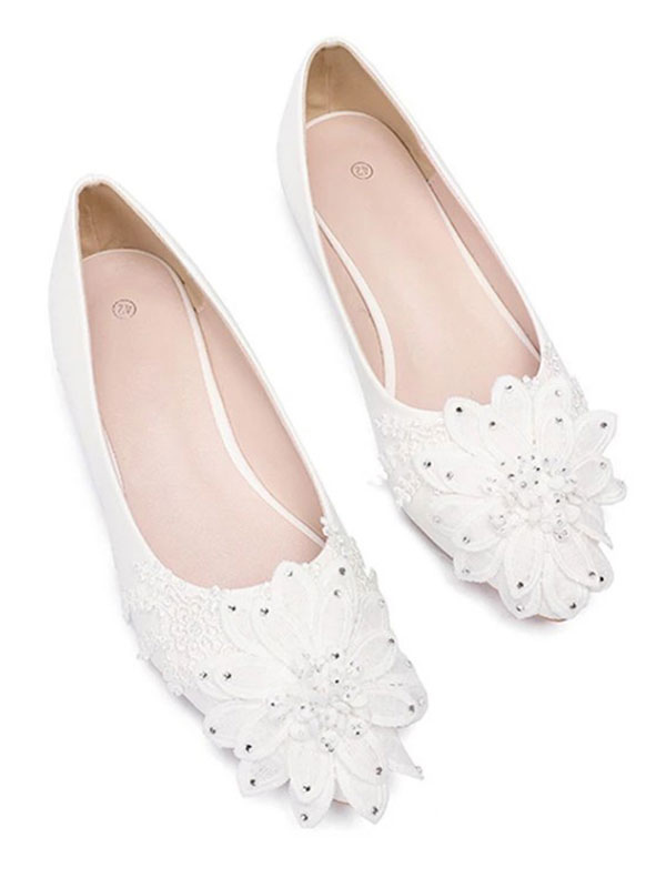 White Wedding Flats Pointed Toe Flowers Detail Bridesmaid Shoes ...