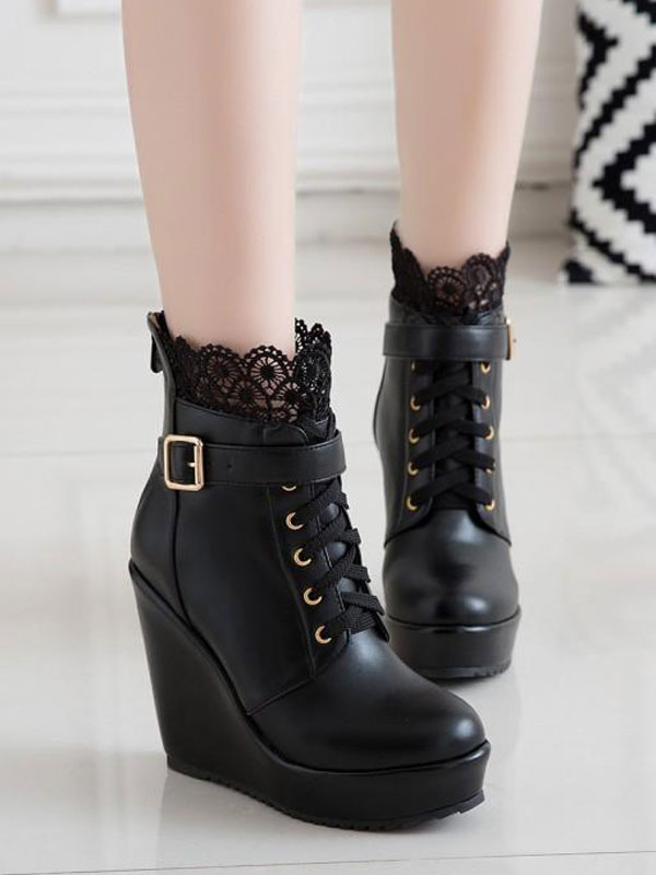 Classic Lolita Boots Lace Buckle Wedge Heel Black Lolita Shoes