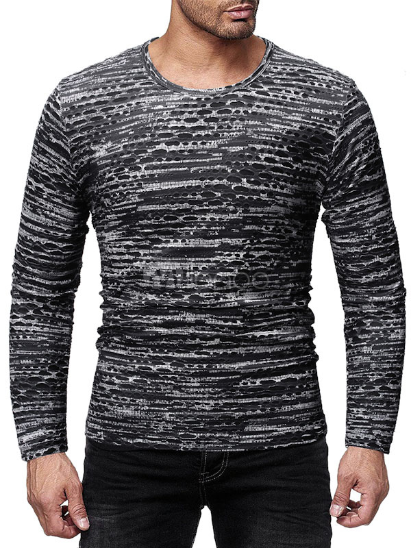Men Ripped T Shirt Black Cotton Long Sleeve Casual T Shirt - Milanoo.com