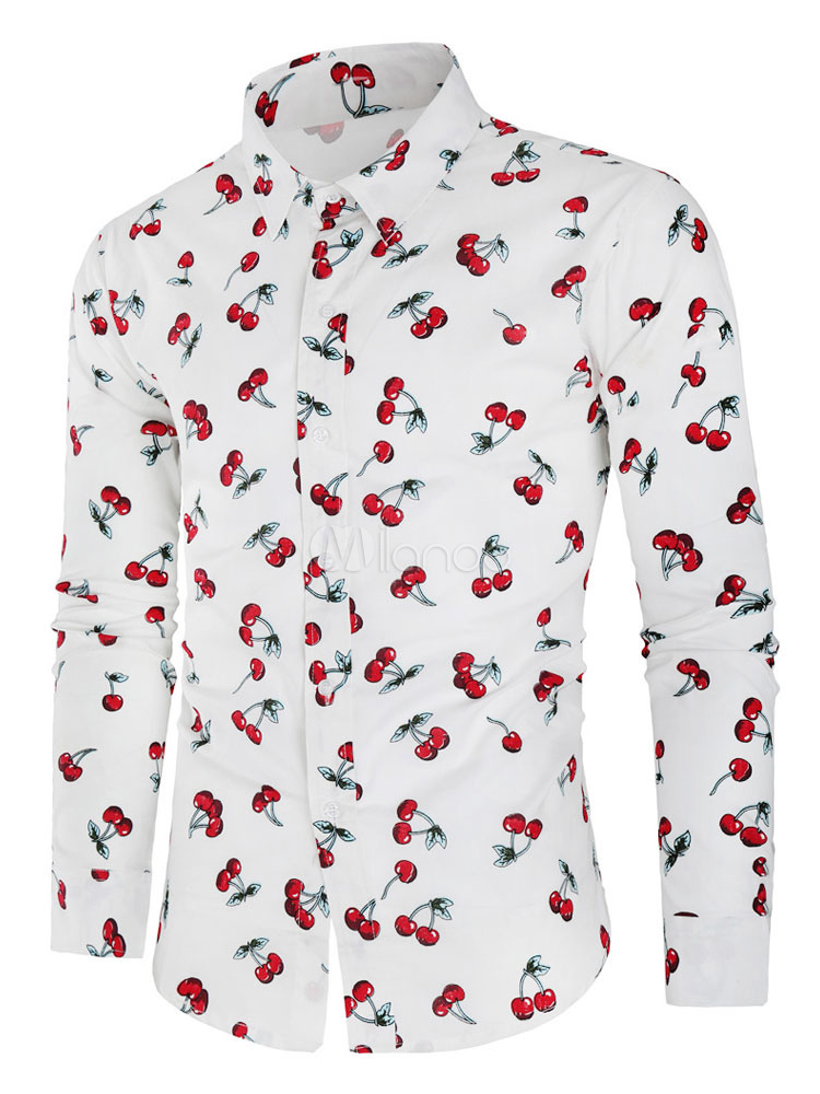 Men Casual Shirt Cherry Print Button Down Navy Blue Long Sleeve Shirt ...