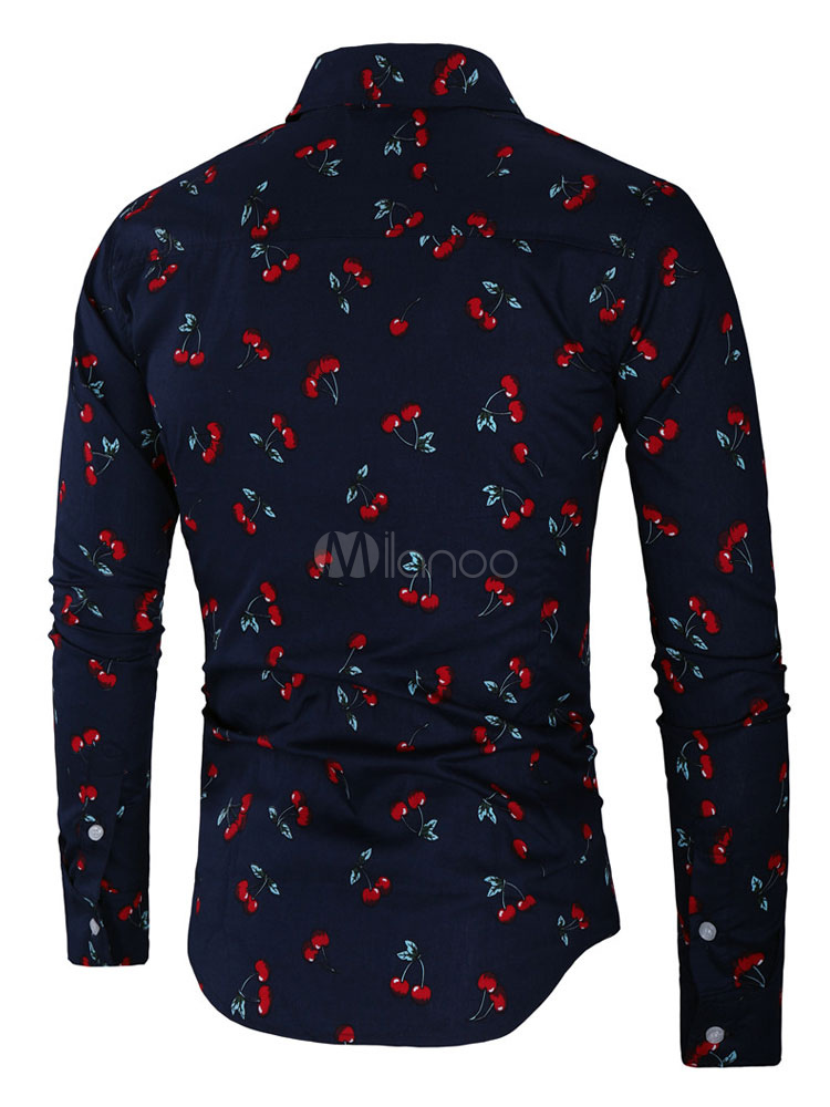Men Casual Shirt Cherry Print Button Down Navy Blue Long Sleeve Shirt