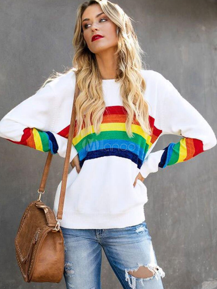 white sweatshirt with rainbow stripe