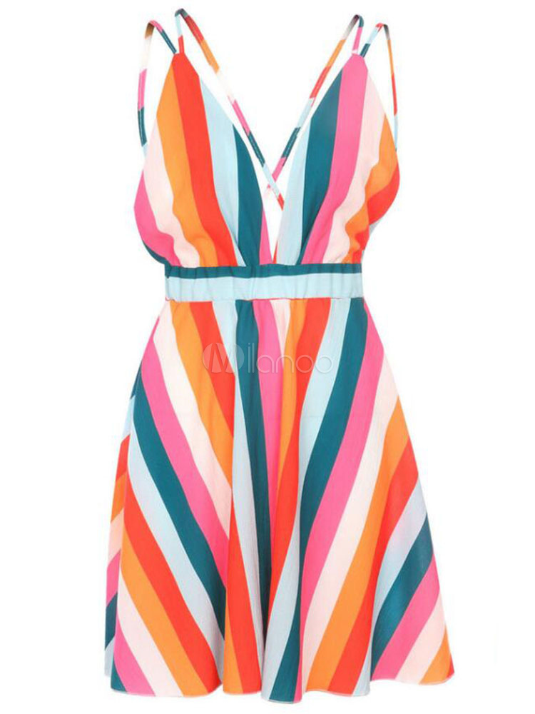 Rainbow Stripe Dress Sleeveless Plunging Backless Chiffon Summer Dress ...