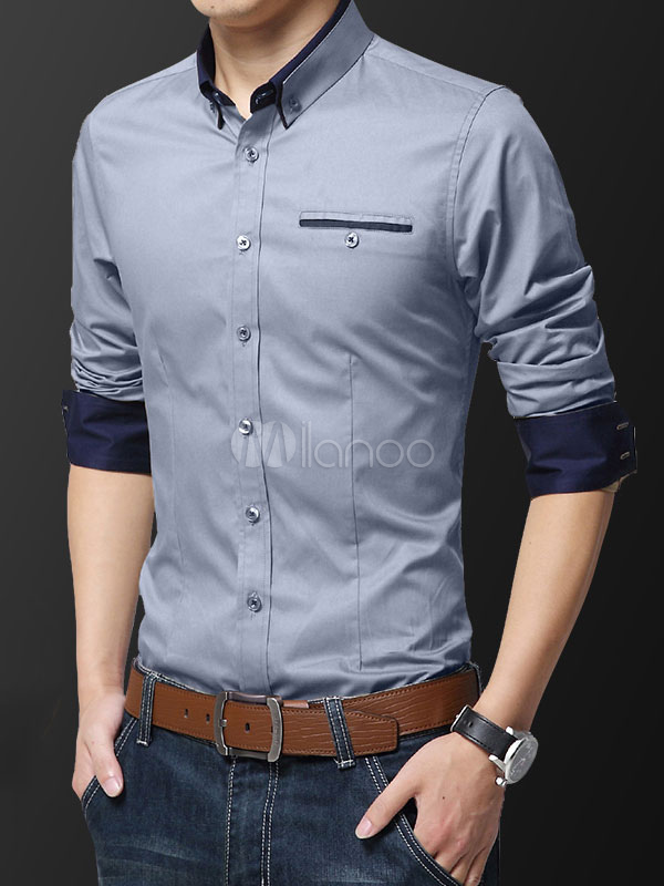 Camisa de vestir para hombre grande con dos tonos de botones Slim Fit Camisa formal de manga larga Milanoo.com