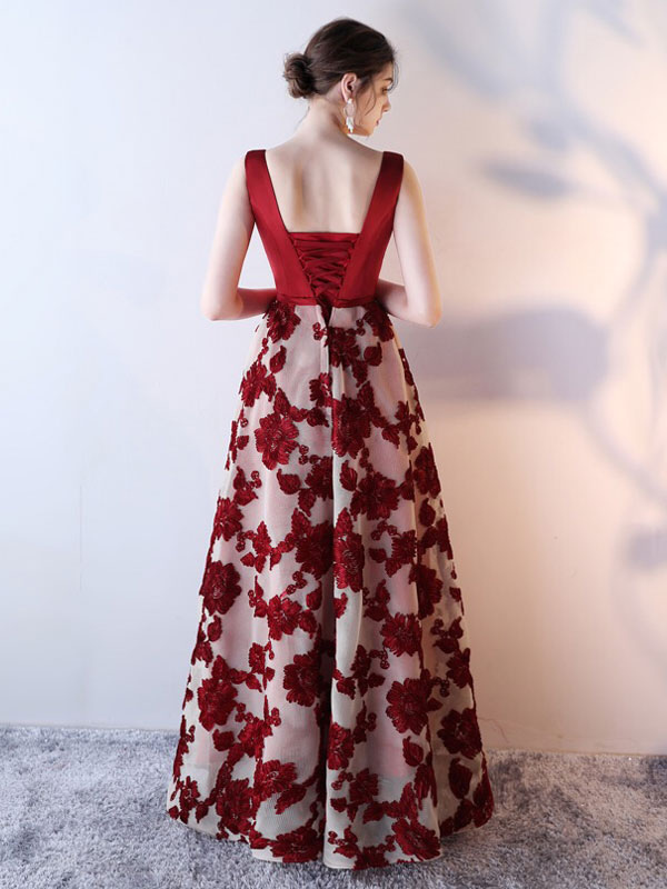 Blue Prom Dress 2023 Long Satin Floral Print Evening Dress Dark Navy V