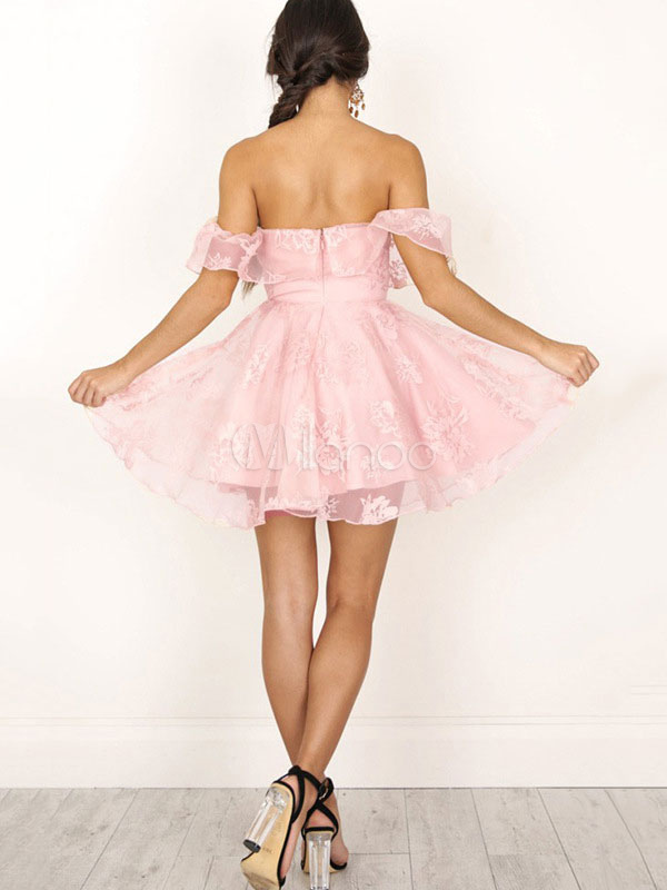 Pink Skater Dress Off The Shoulder Half Sleeve Pleated Flare Dress