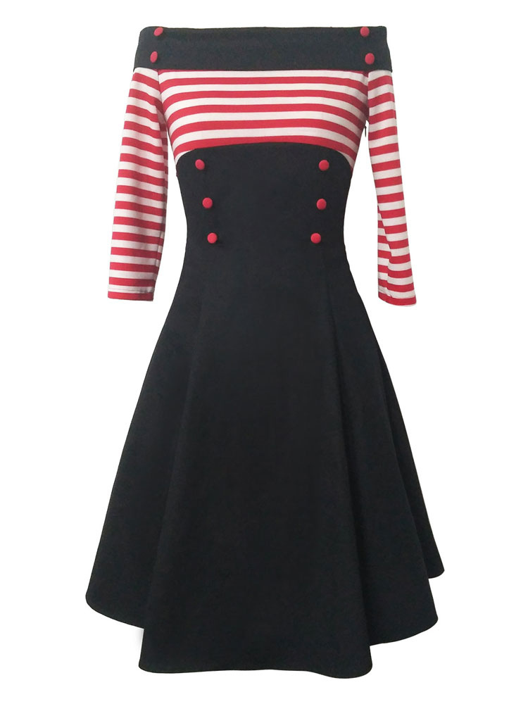 Vintage 1950S Dress Women Off Shoulder Stripes Button Front Half Sleeve ...
