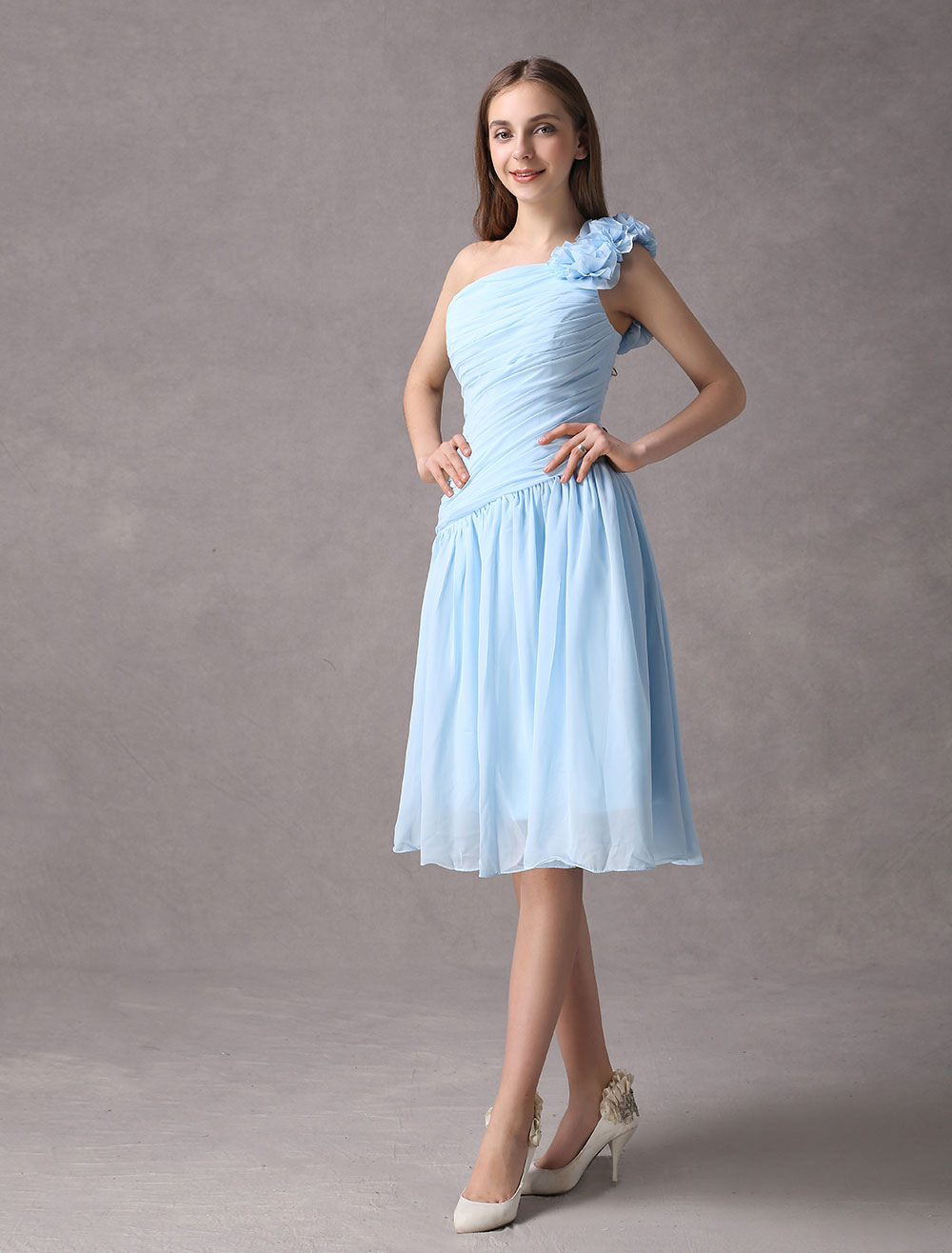 Short Bridesmaid Dress Baby Blue Ruched Chiffon A Line One Shoulder ...