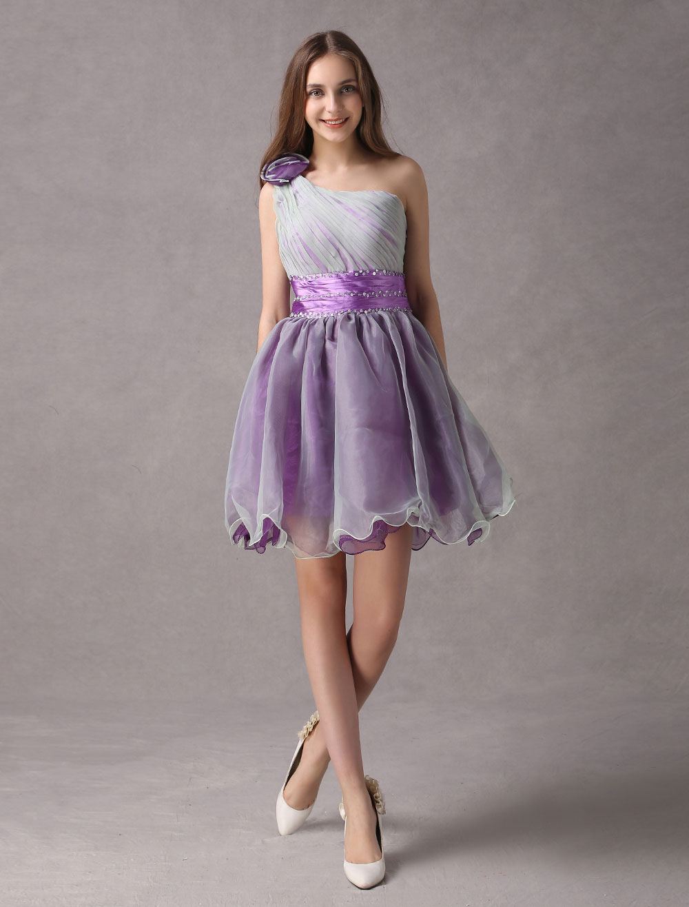 Grape Purple One-Shoulder A-line Flower Organza Satin Homecoming Dress ...