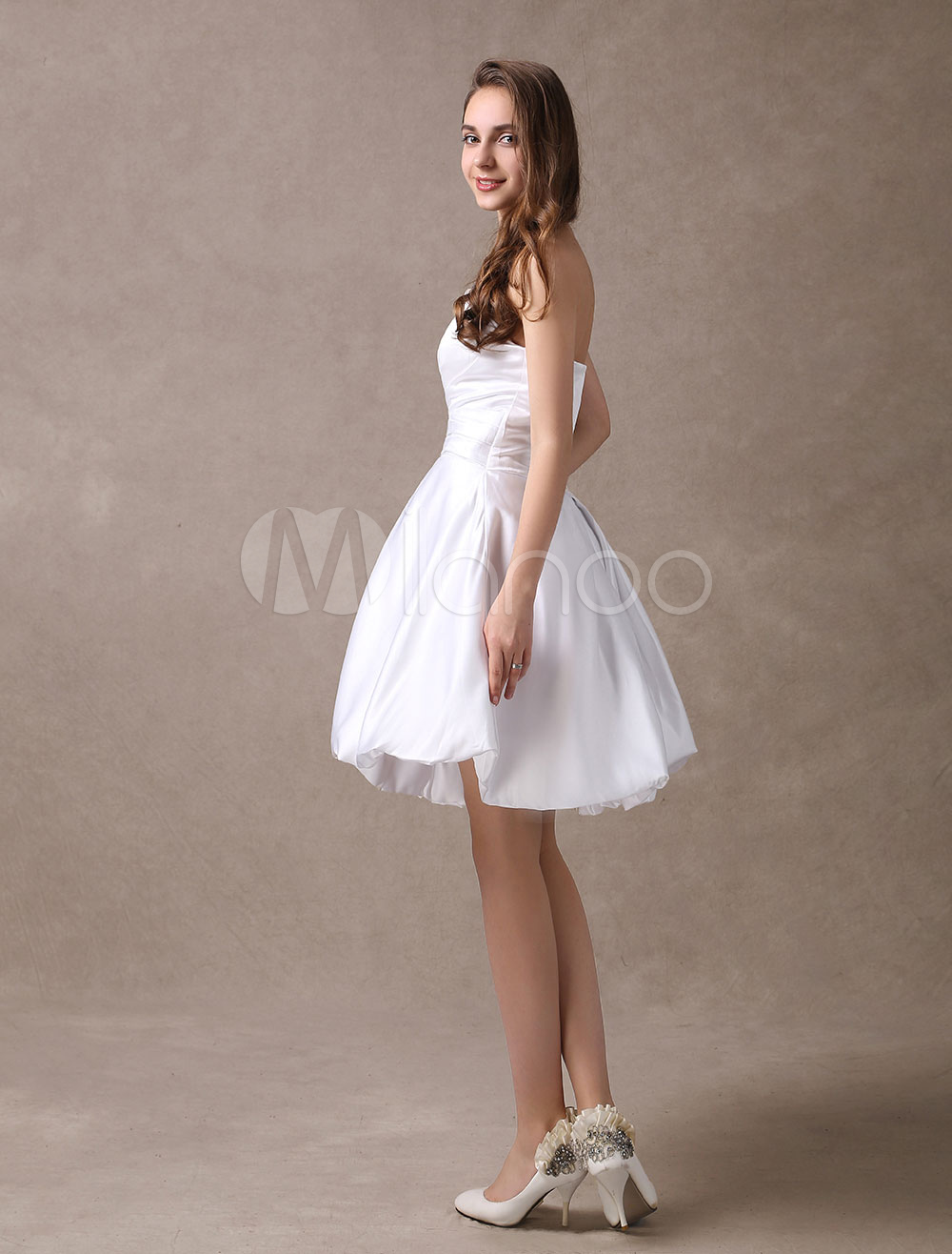 Beautiful White Satin Aline Strapless Mini Wedding Dress