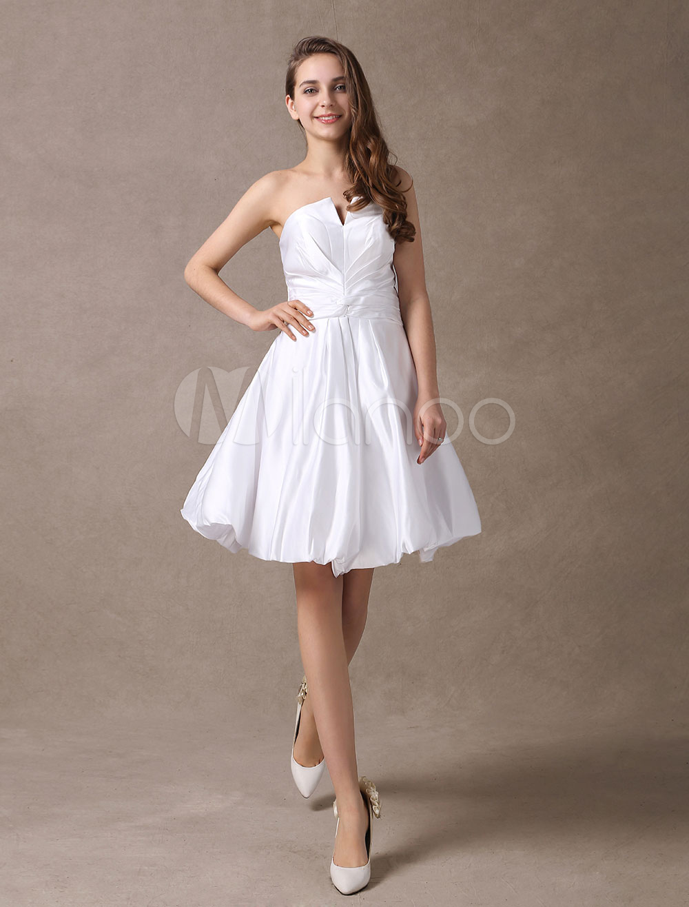 Beautiful White Satin A-line Strapless Mini Wedding Dress - Milanoo.com