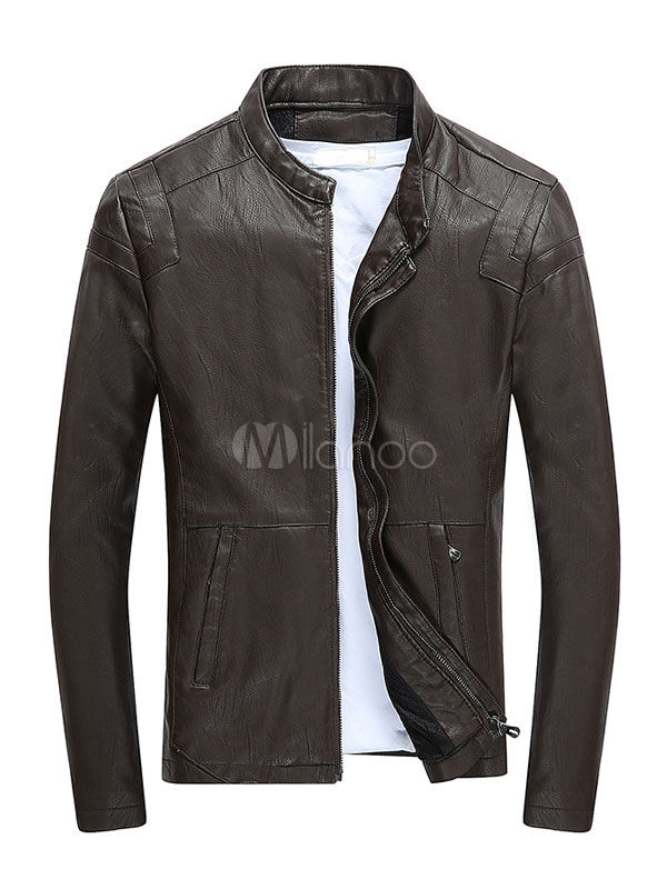 Burgundy Biker Jacket Stand Collar Zipper Long Sleeve Pu Men Leather ...