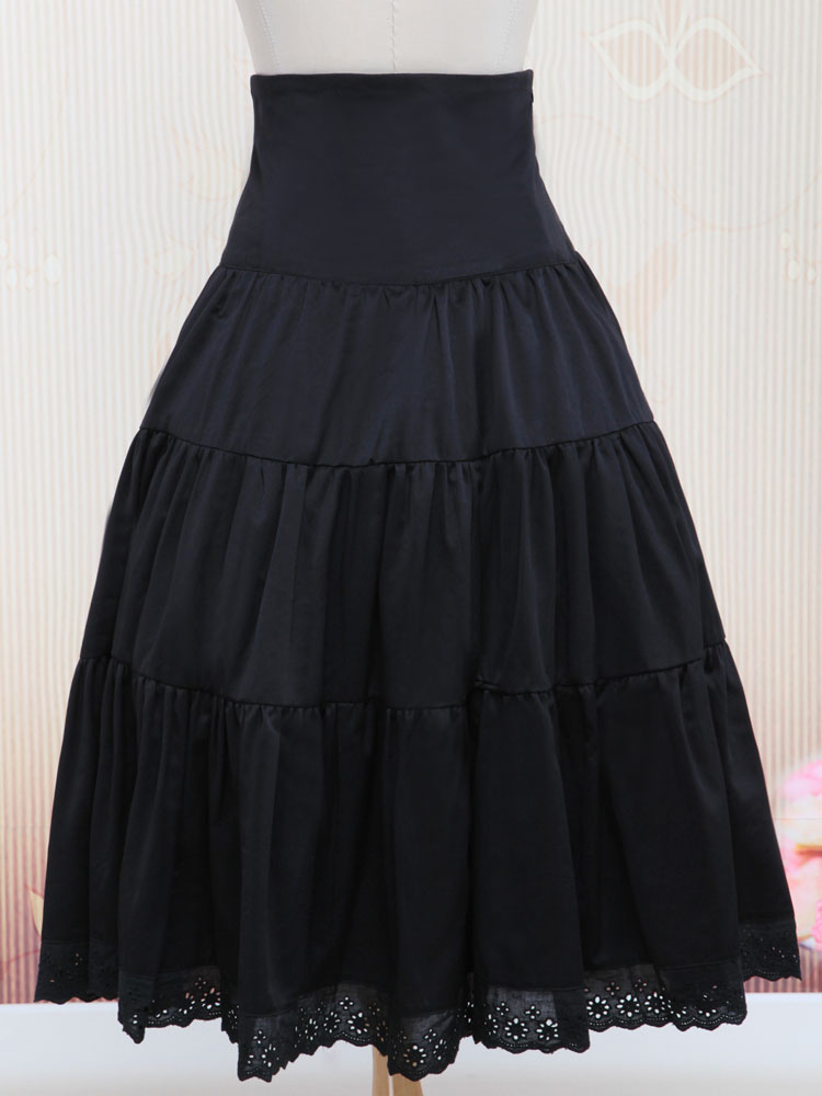 Pure Black Cotton Loltia Long Skirt High Waist Ruffles Trim - Milanoo.com