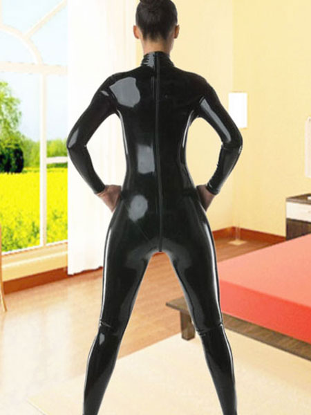 Skin Two Front Zip Latex Catsuit in Black 
