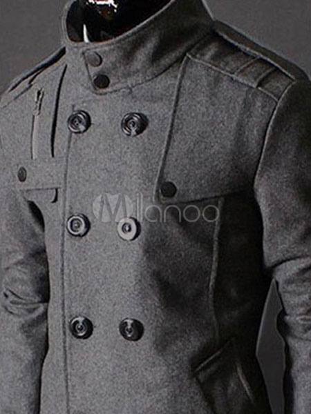 Men Peacoat Black Winter Coat Stand Collar Long Sleeve Short Jacket ...