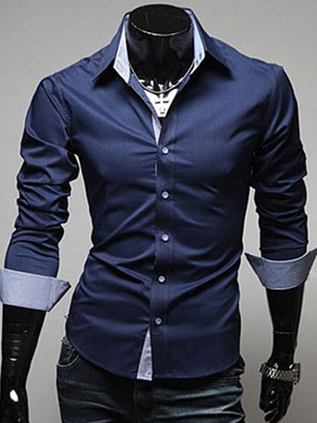 Men Dress Shirt Blue Turndown Collar Long Sleeve Cotton Shirt - Milanoo.com