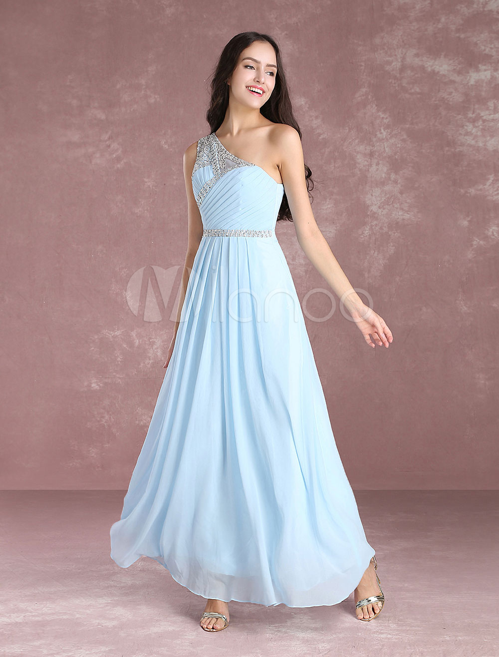 Long Prom Dresses 2021 Pastel Blue One Shoulder Bridesmaid Dress ...