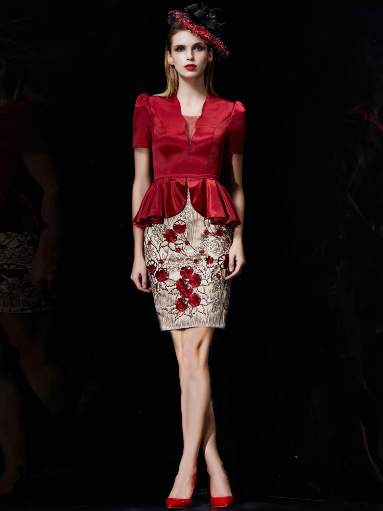 Mother Of Bride Dress Burgundy Wedding Party Dress Fake Two Piece