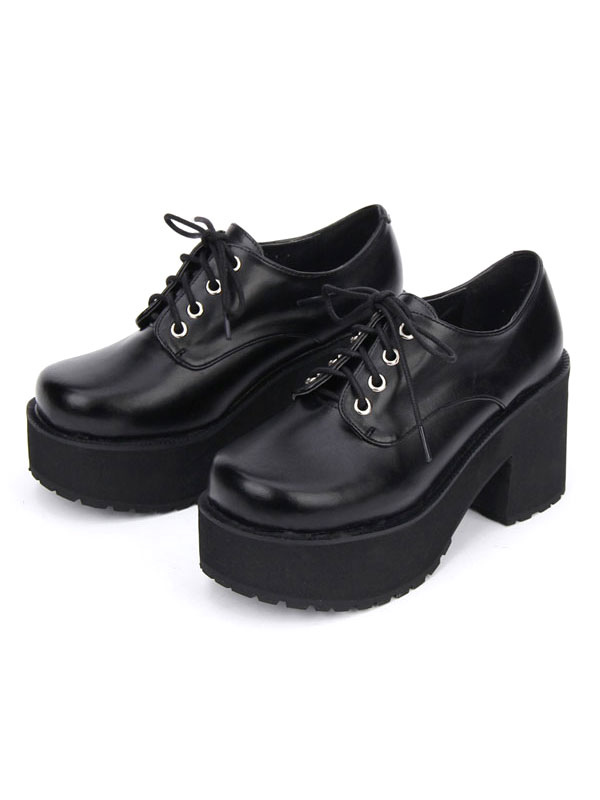 ロリィタ靴 ブラック 無地 ストリートウェア 丸いつま先 PU - Lolitashow.com/jp