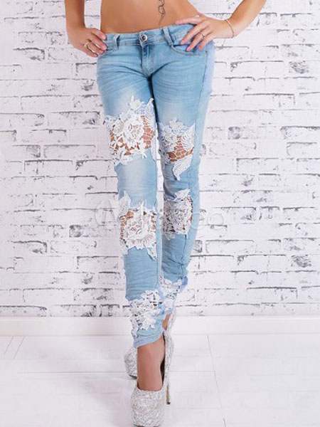 Jeans magri 2022 blu chiaro Jeans strappati con patchwork di pizzo -  Milanoo.com
