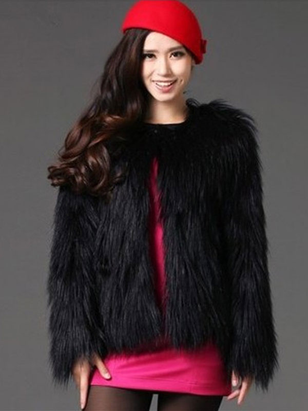 Women's Clothing Outerwear | Black Winter Coat Faux Fur Round Collar Women Fluffy Coat And Jacket - LG43013