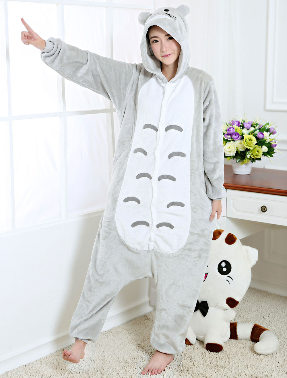 Kigurumi Pajamas Totoro Onesie Grey Flannel Anime Winter Sleepwear For ...