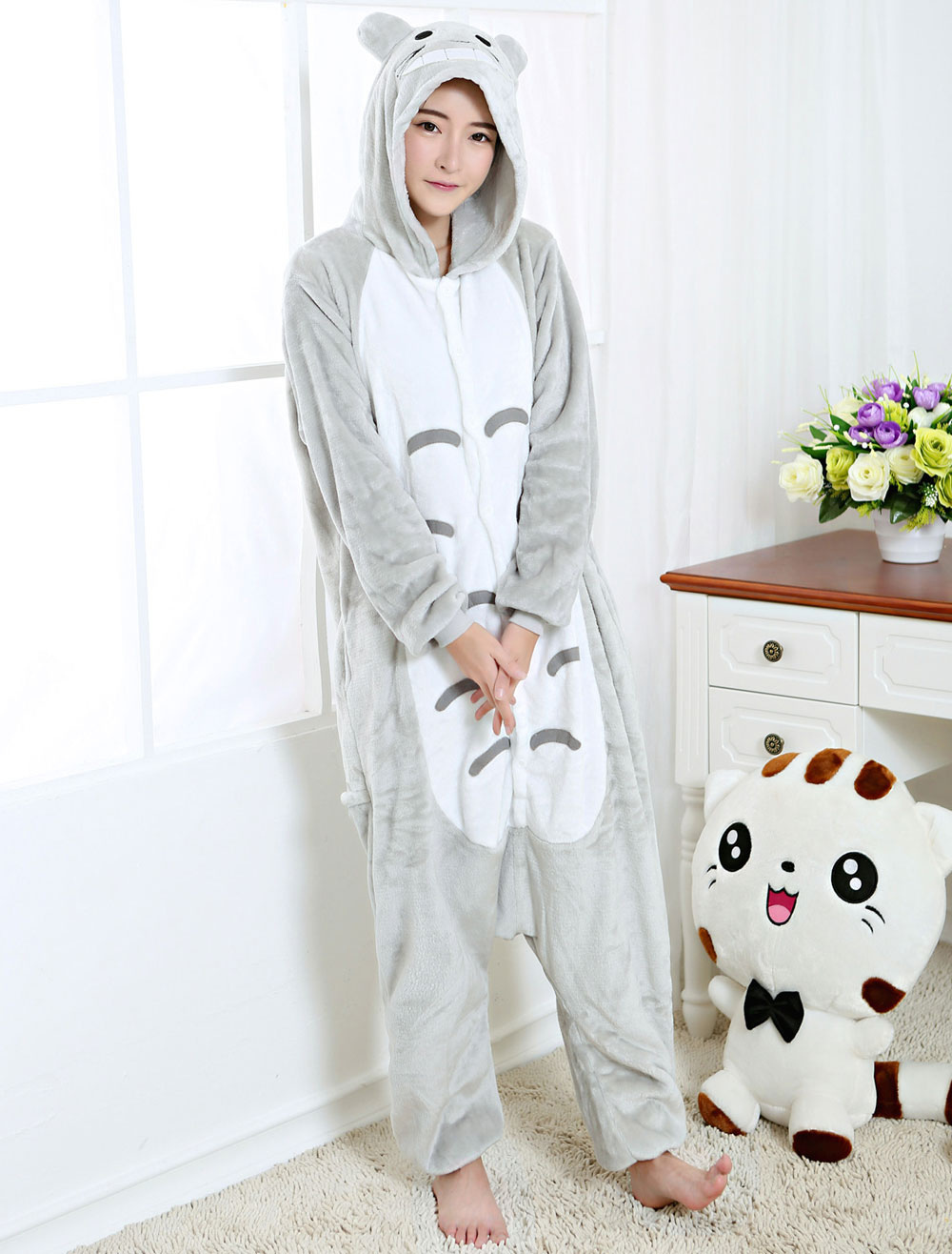 Kigurumi Pajamas Totoro Onesie Grey Flannel Anime Winter Sleepwear For ...