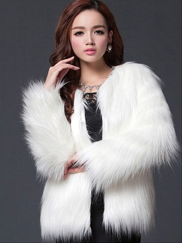 Women's Clothing Outerwear | Faux Fur White Coat Women Winter Round Collar Long Sleeve Fluffy Coat - WE89487