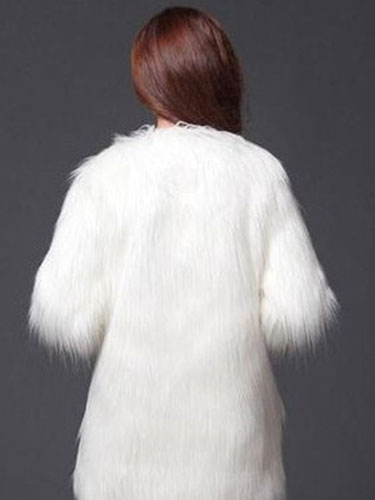 Women's Clothing Outerwear | Faux Fur White Coat Women Winter Round Collar Long Sleeve Fluffy Coat - WE89487