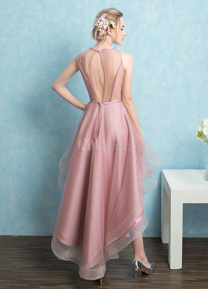 High Low Prom Dresses Sequined A Line Cocktail Dresses Crewneck Beading