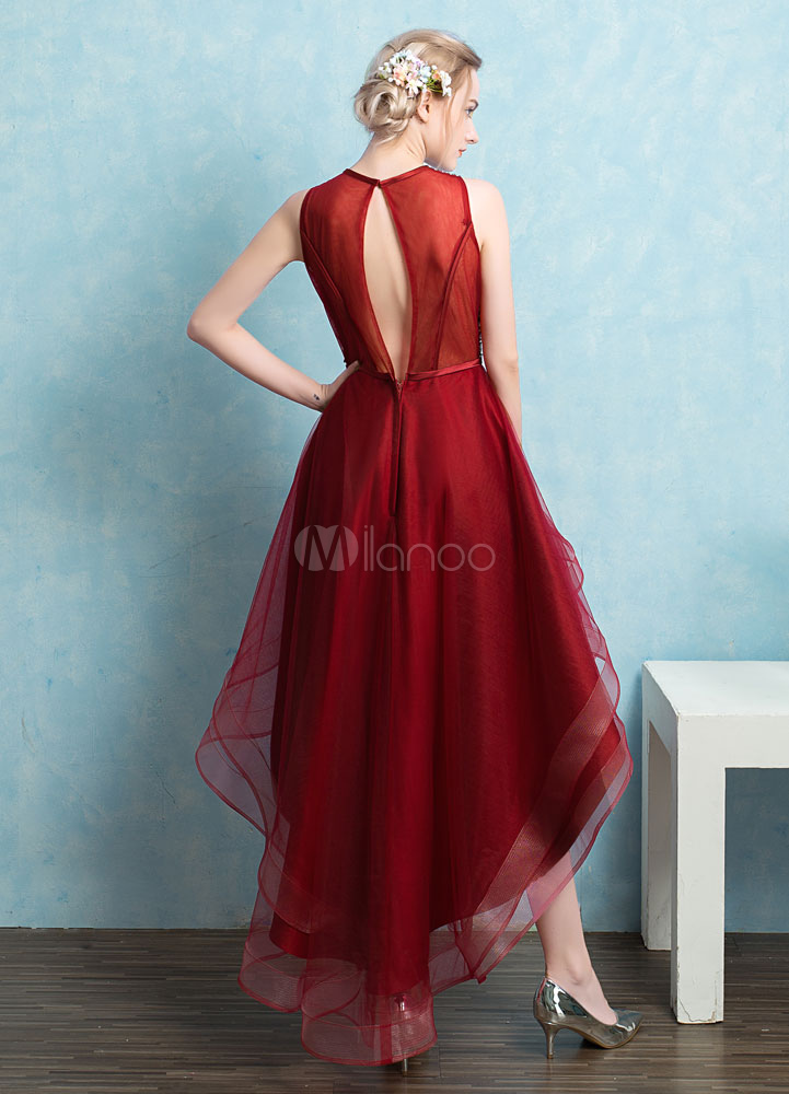 High Low Prom Dresses Sequined A Line Cocktail Dresses Crewneck Beading Party Dresses With Sash