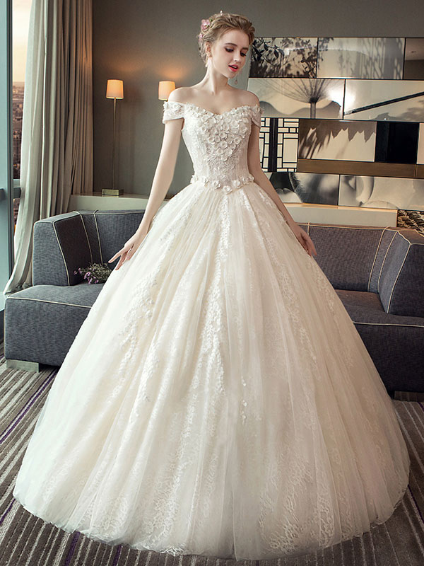 Princess Wedding Dresses White Ivory Bridal Ball Gown Lace Applique Off Shoulder