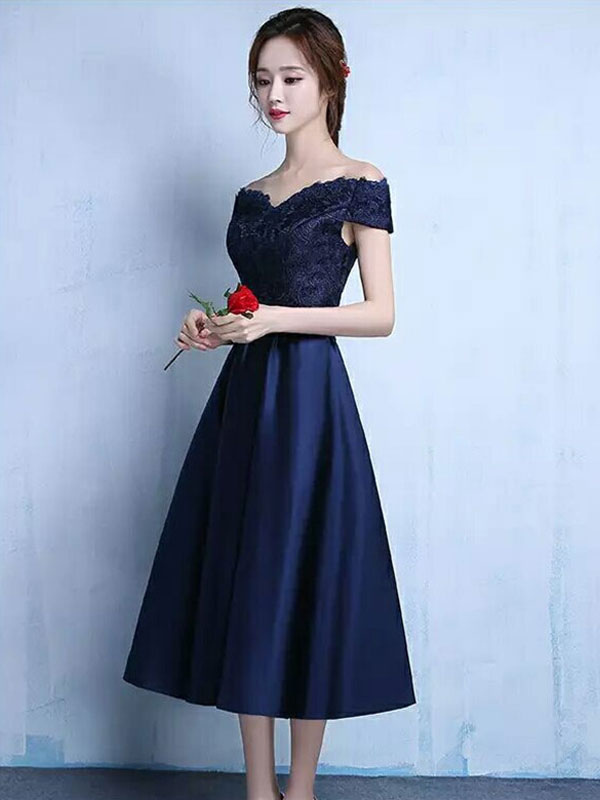 Lace Cocktail Dress Off The Shoulder Prom Dress Dazzling Blue Satin ...