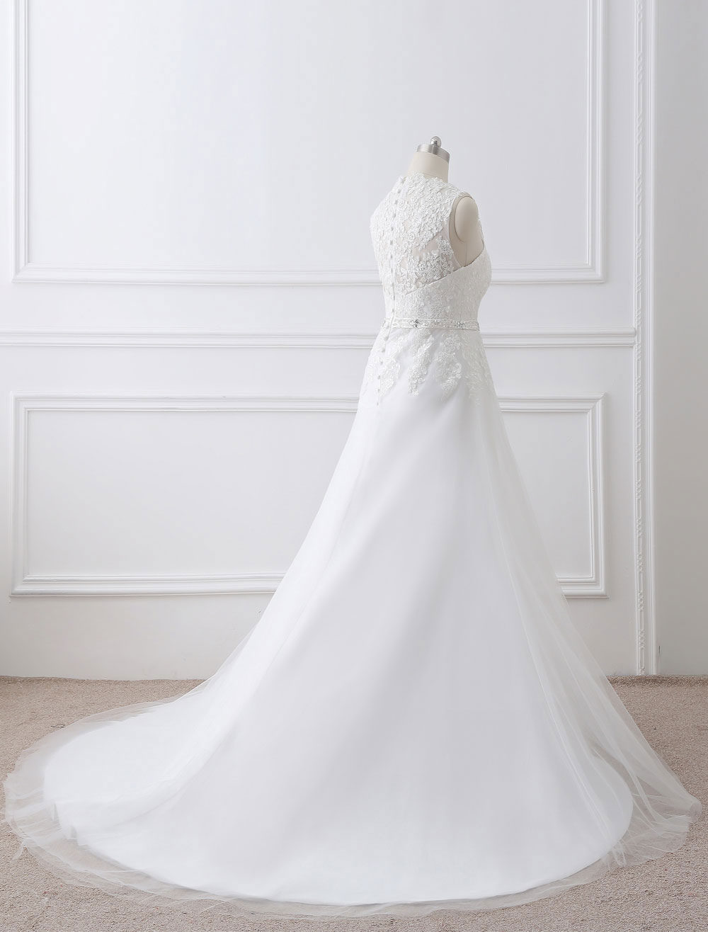 White Wedding Dress Queen Anne Embroidered Sash Lace Wedding Gown