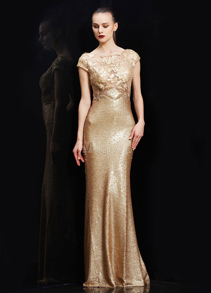 Illusion Bateau Neck Sheer Back Sequin Mermaid Evening Dress in Gold ...
