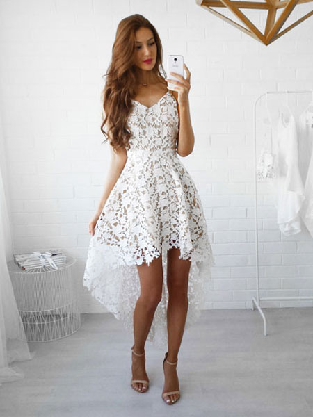 Women's Clothing Dresses | White Lace Dress Spaghetti Straps High Low Semi Sheer Short Dress - HJ92937