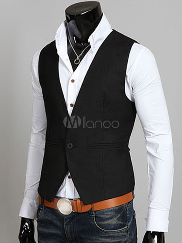 Black Jacket Vest V Neck Sleeveless Cotton Slim Fit Waistcoat For Men ...