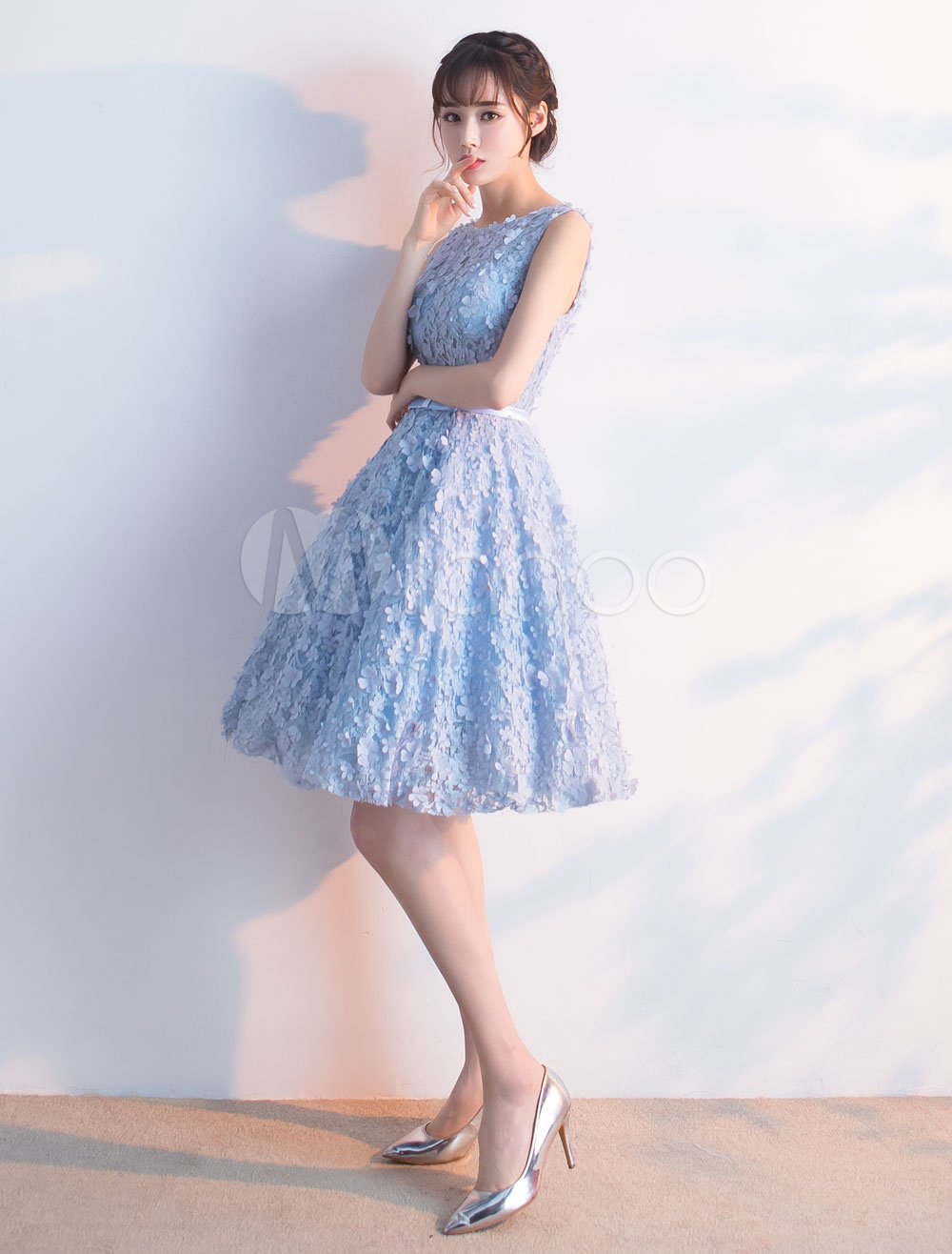 Short Prom Dresses 2020 Baby Blue Lace Flowers Homecoming Dress