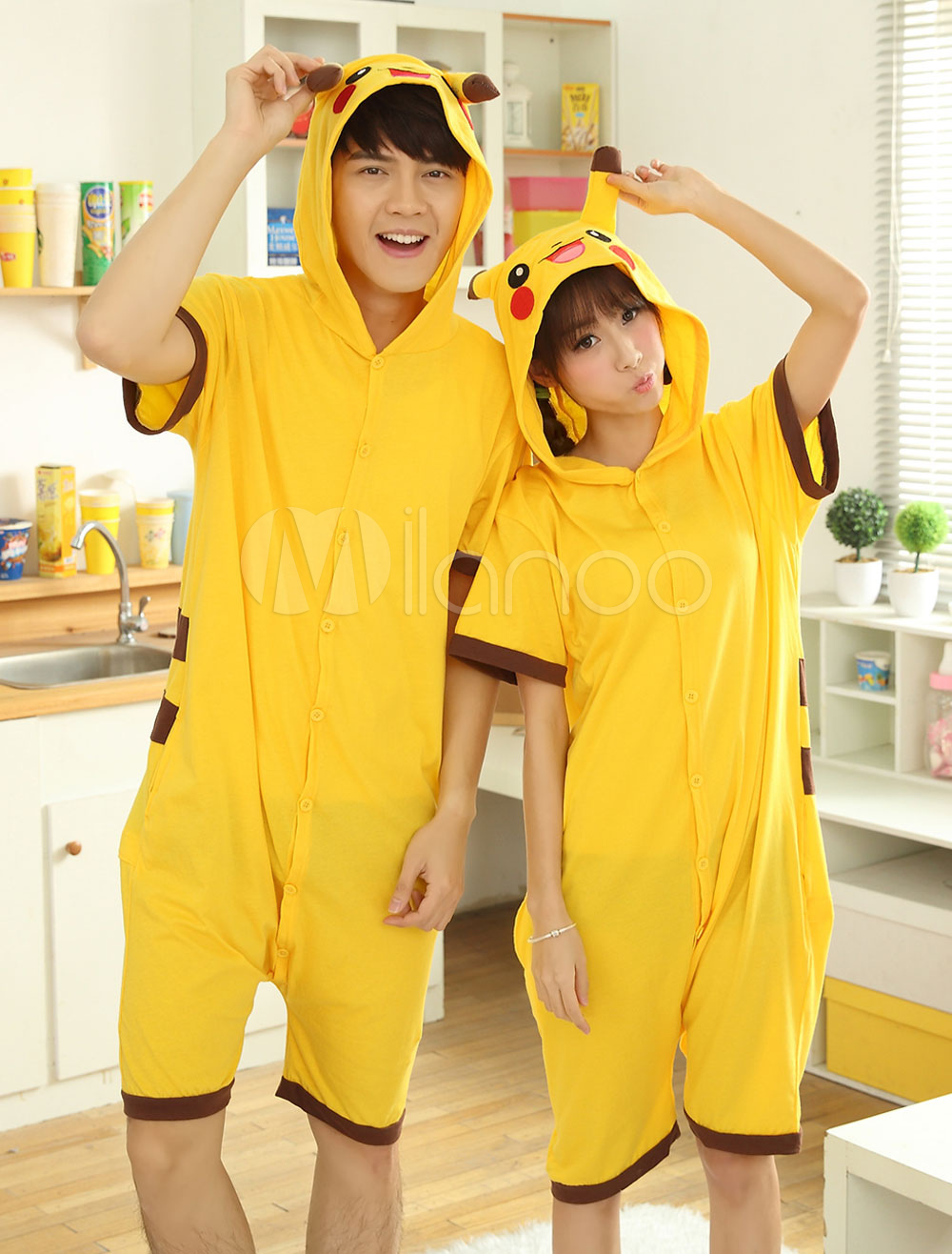 Kigurumi Pajama Pokemon Pikachu Onesie Yellow Cotton Short Sleeve Anime Sleepwear For Adult Halloween