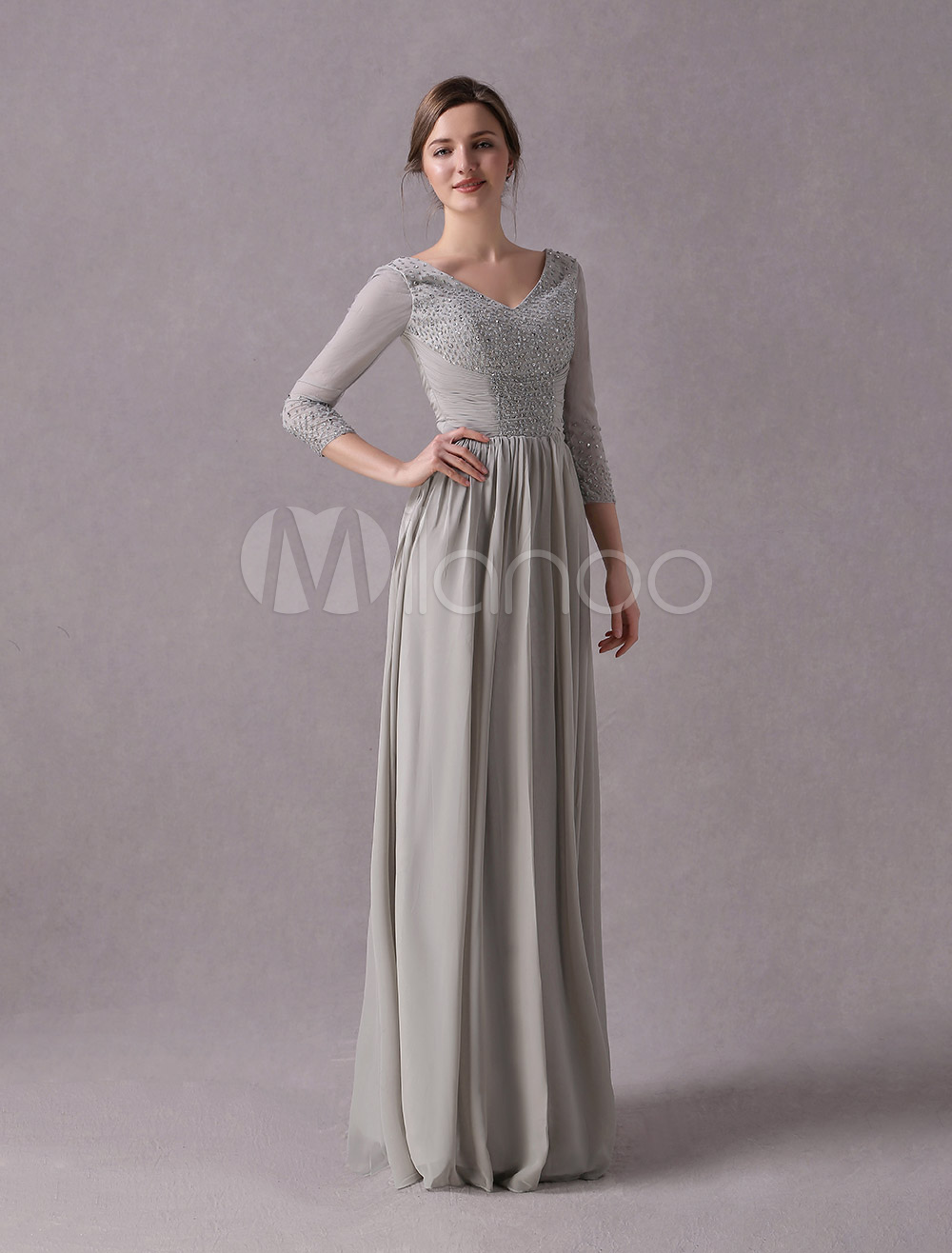 Silver Sheath V Neck Ruched Chiffon Dress For Mother Of The Bride With 34 Length Sleeves 1085