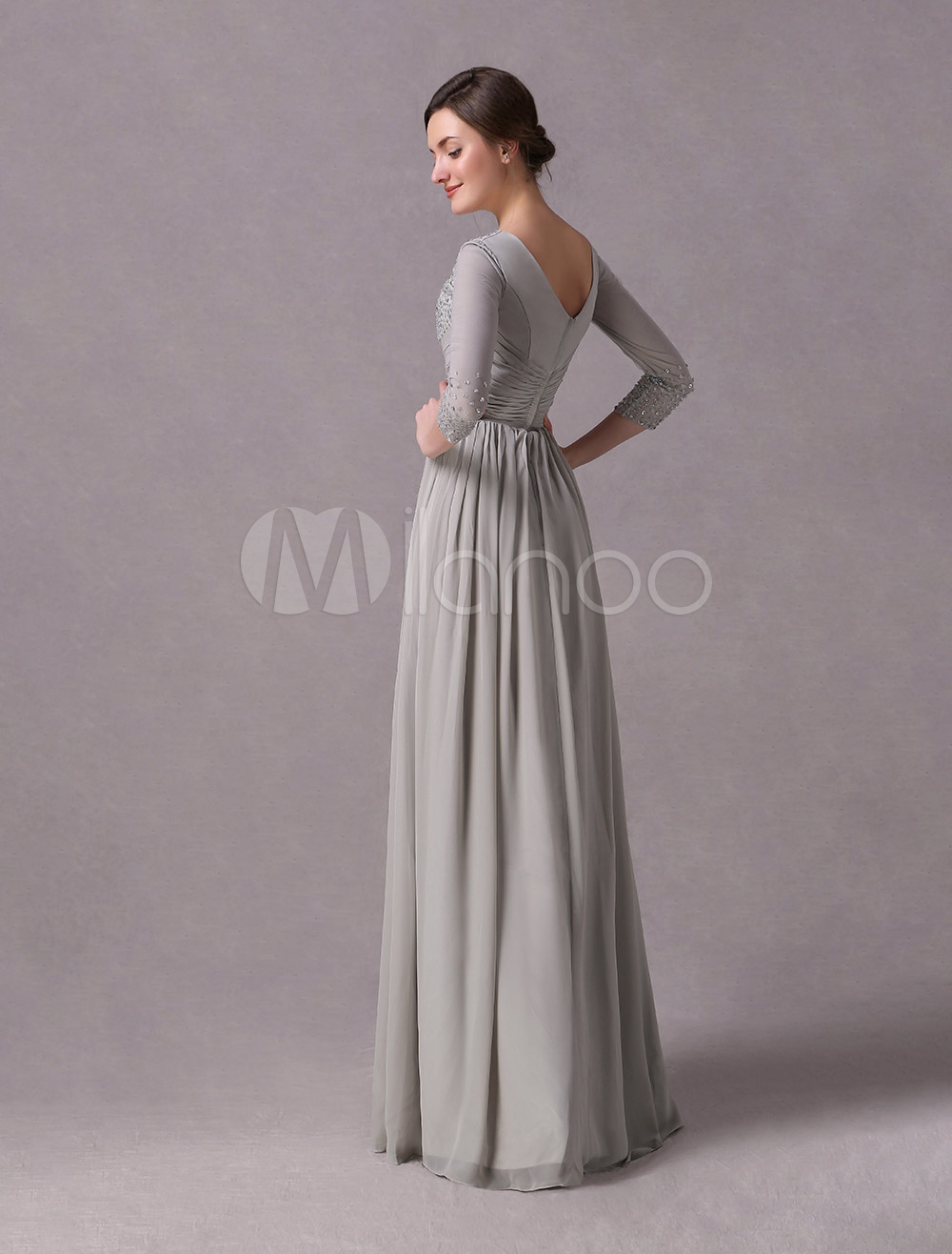 Silver Sheath V Neck Ruched Chiffon Dress For Mother Of The Bride With 34 Length Sleeves 0694