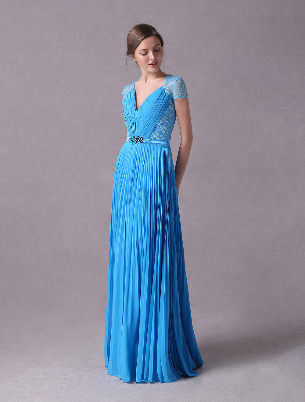Gorgeous Long Sleeves A-Line Chiffon Blue Prom Dresses with Slit