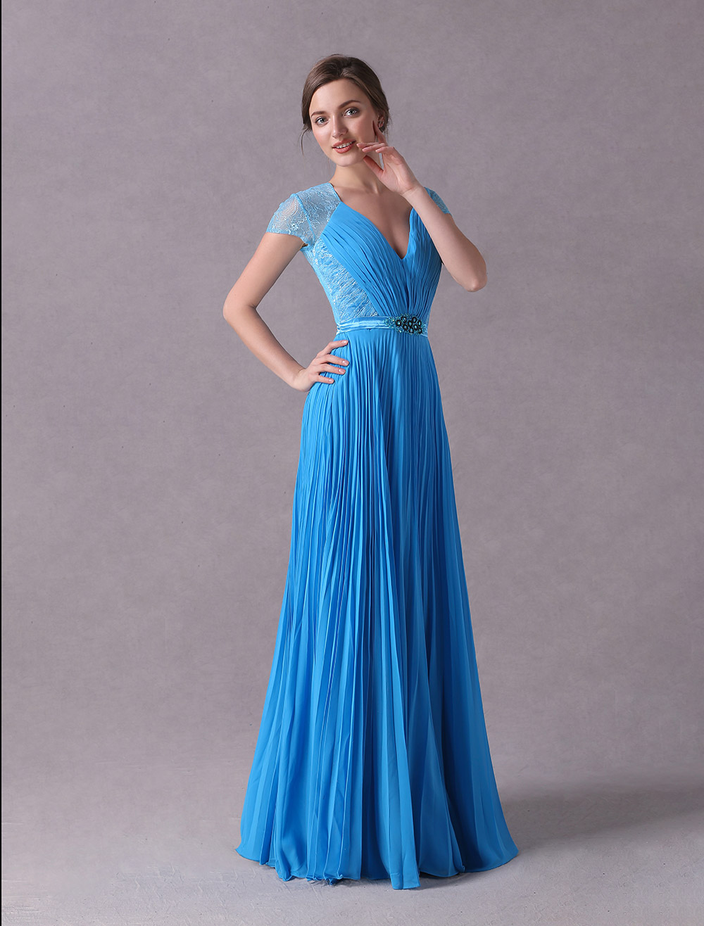 V-Neck Hi-lo A-line One-shoulder Ruffle Blue Chiffon Prom Dresses