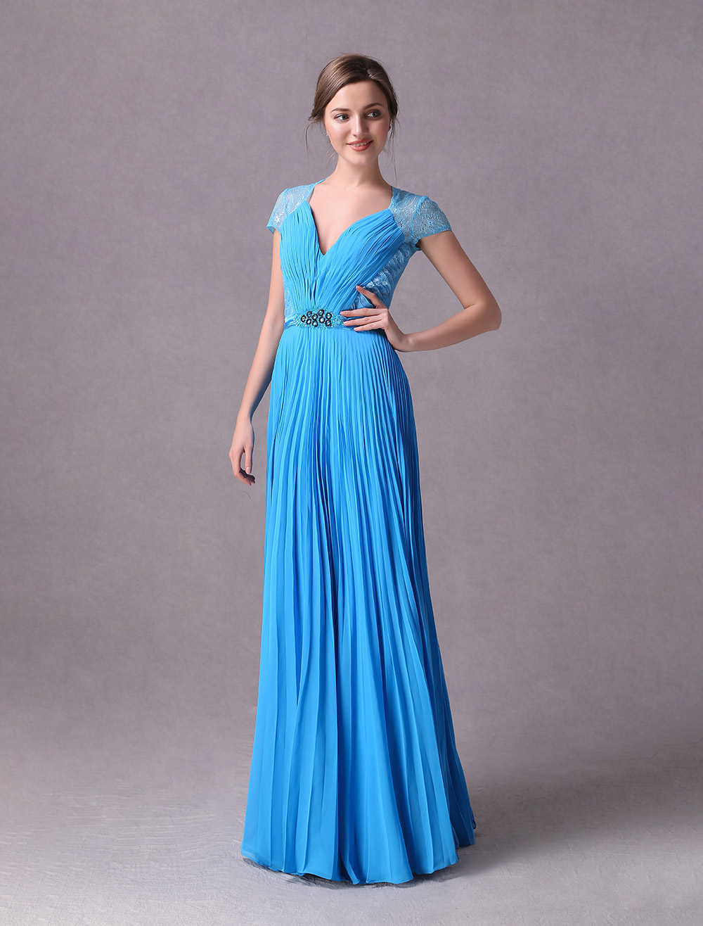 V neck Chiffon Long Dresses with Straps Ocean Blue Plus Size main image 1