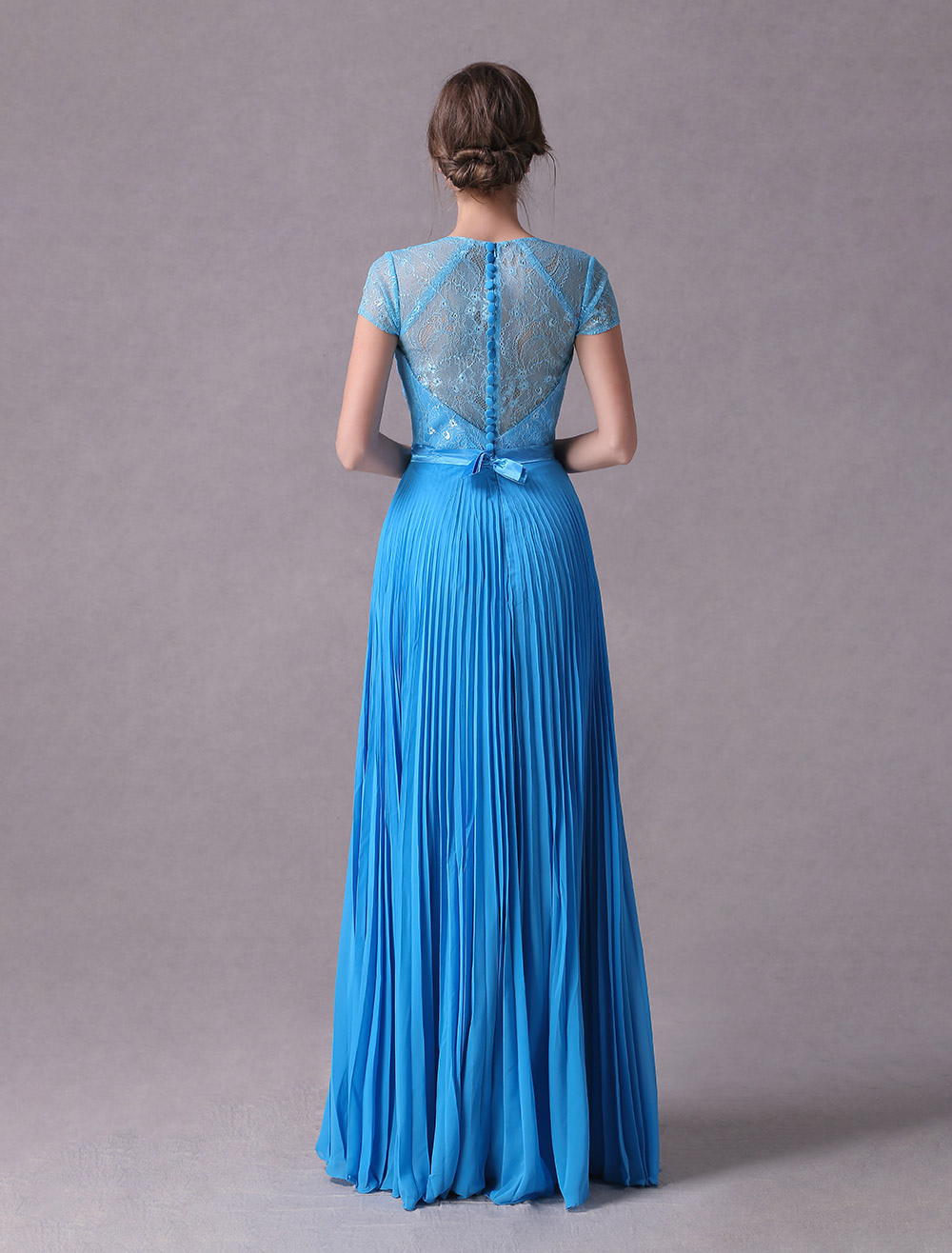 Lace and Chiffon Full Length Dress with V-neck Slate Blue main image 0