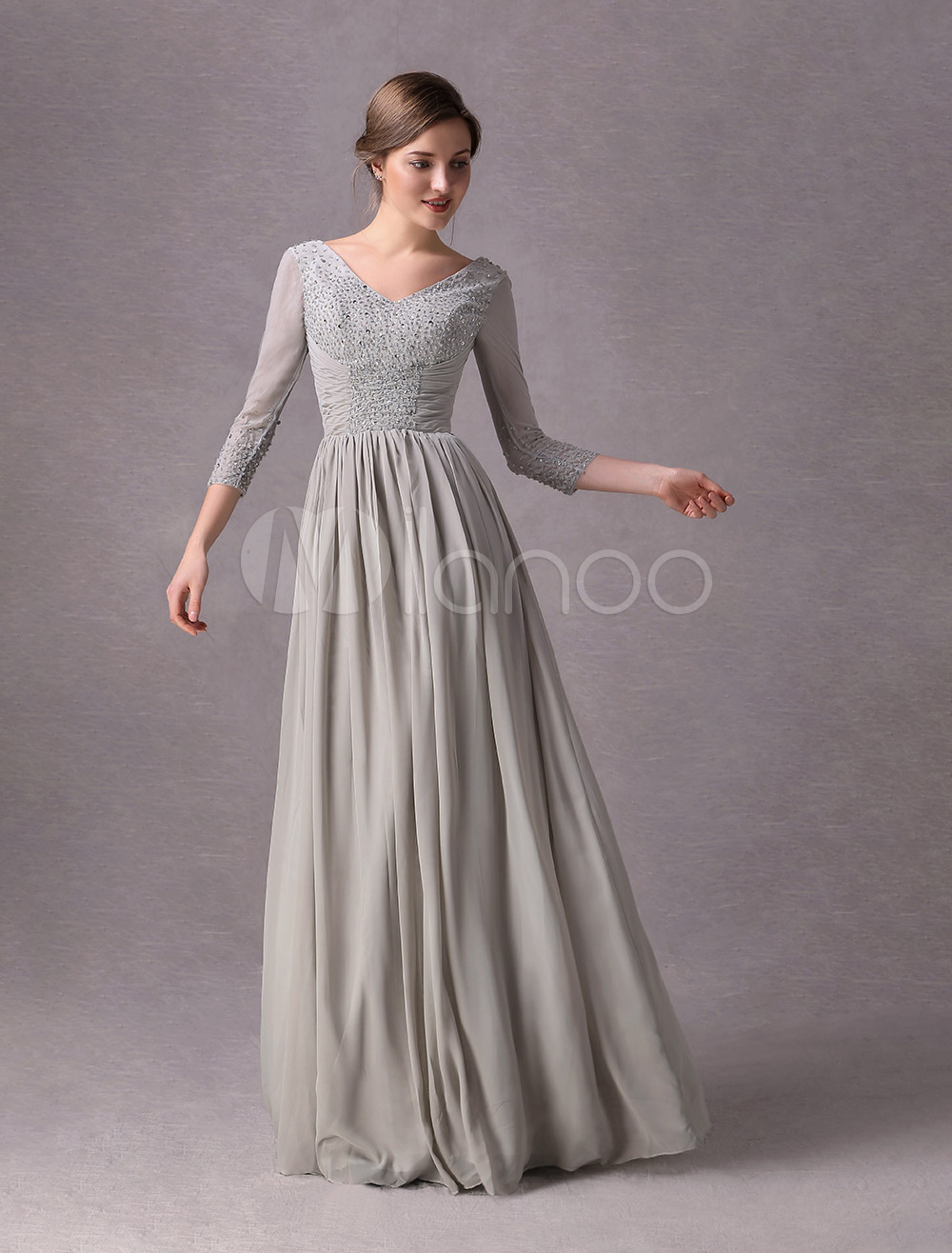 Silver Sheath V-Neck Ruched Chiffon Dress For Mother of the Bride with ...