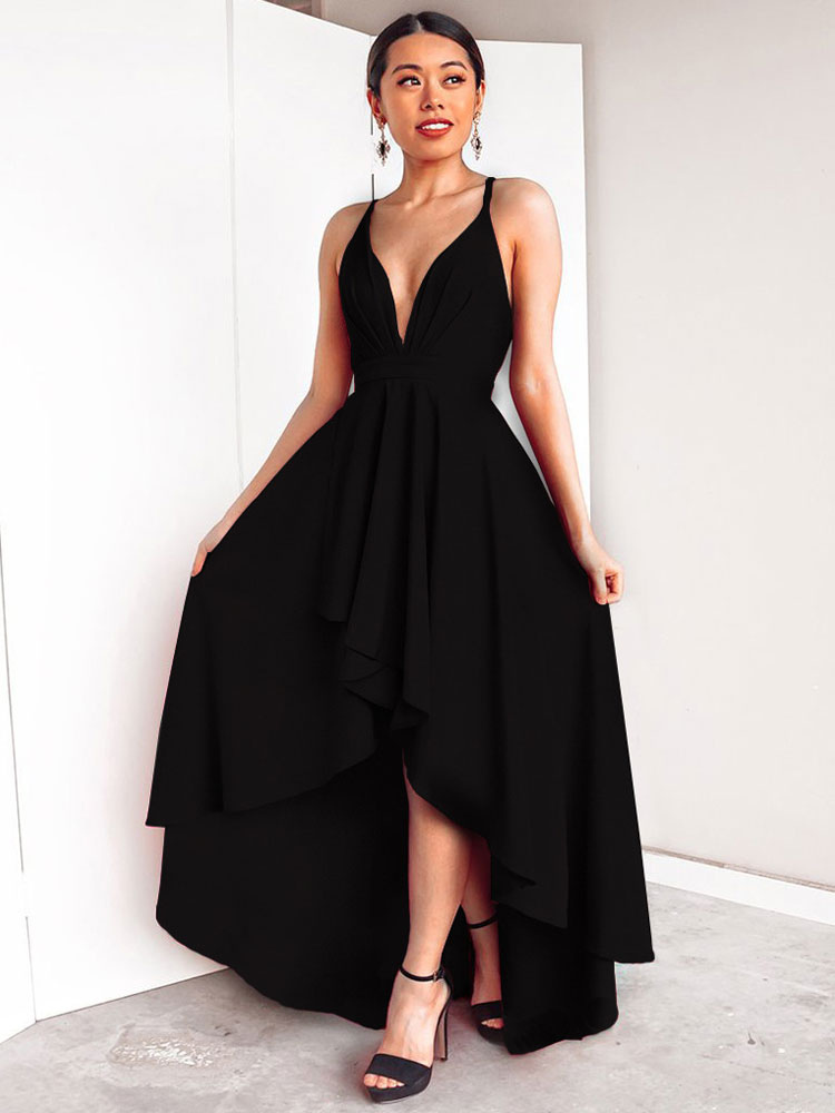 Women's Clothing Dresses | Sexy Long Dress Women Sleeveless Plunging Neck Backless High Low Burgundy Maxi Dress - JN28649