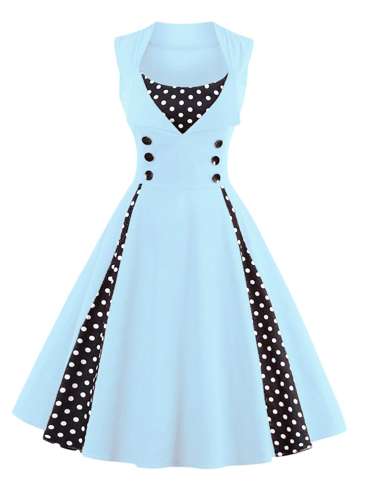 Women's Clothing Dresses | Women Vintage Dress Light Blue Square Neckline Sleeveless Polka Dot Pleated Skater Dress - LQ58961