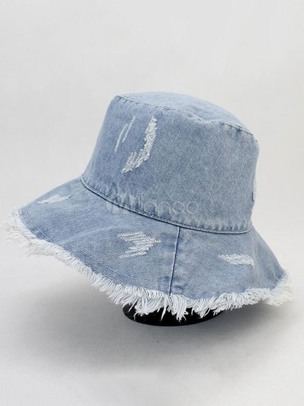 Men Bucket Hat Ragged Hem Wash Distressed Denim Fisherman Hat - Milanoo.com