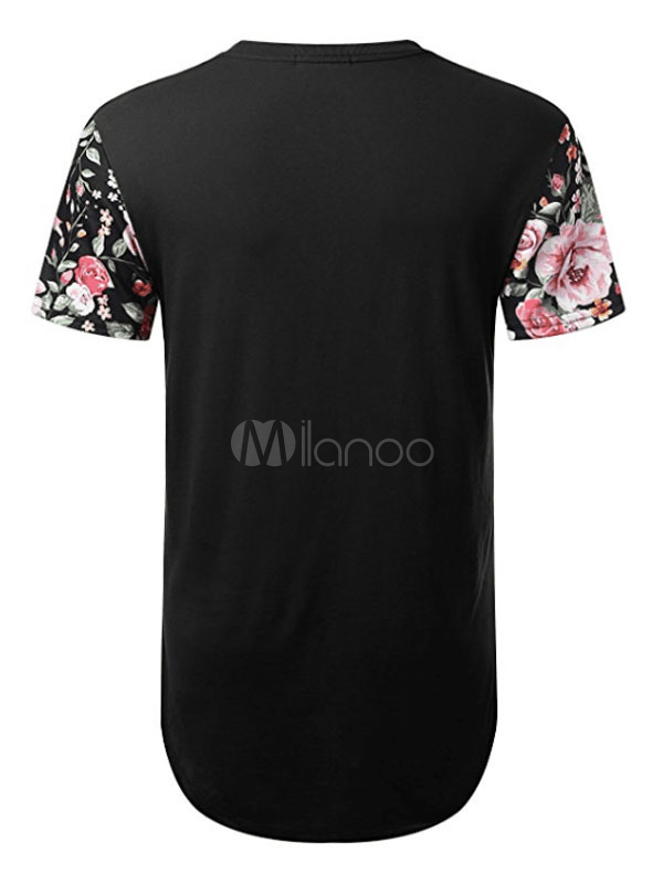 メンズ花柄tシャツ 21 プリント ブラック 夏のトップス Uヘム 半袖tシャツ Milanoo Jp